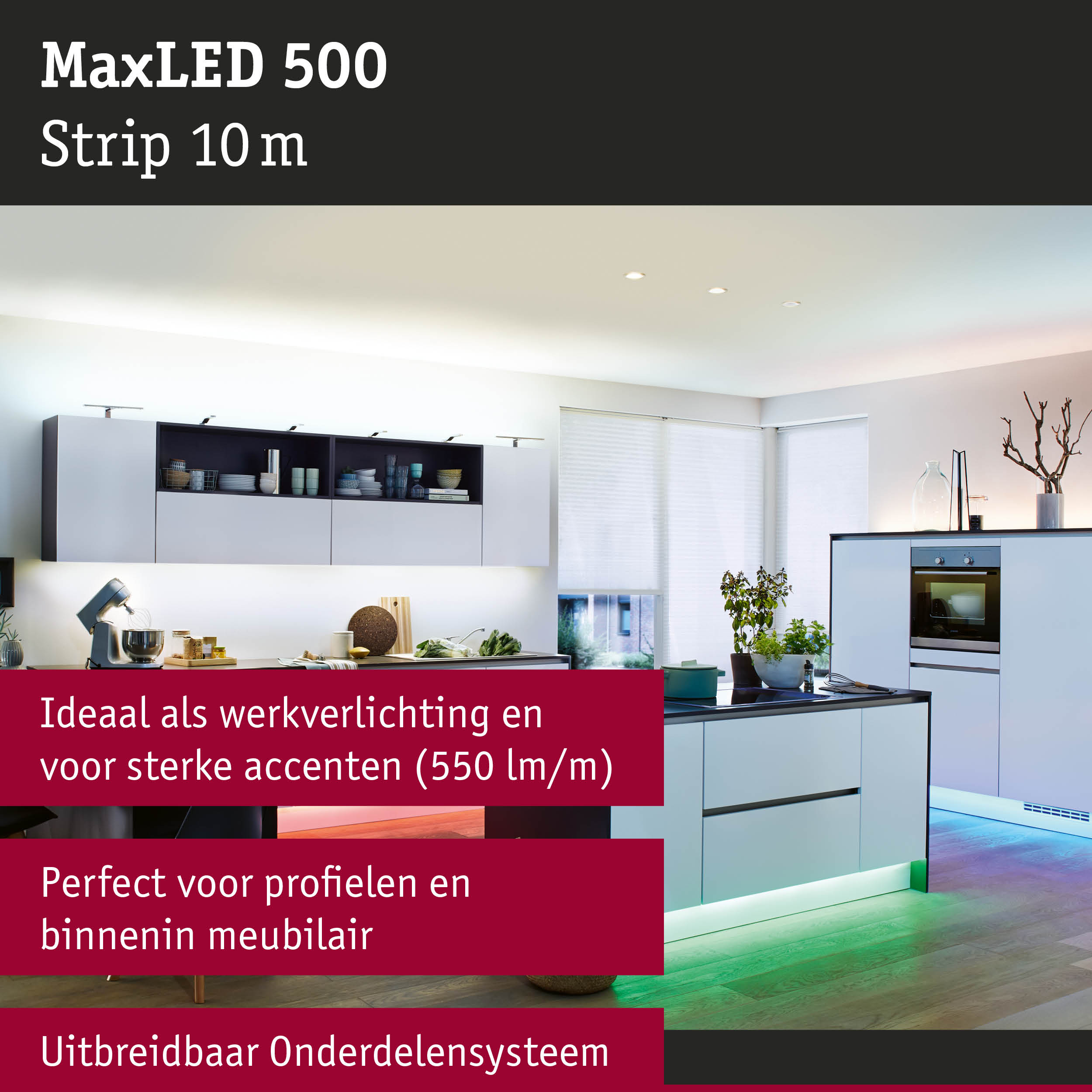 Moderne keuken met MaxLED 500 LED-strip van 10 m voor accent- en werkverlichting