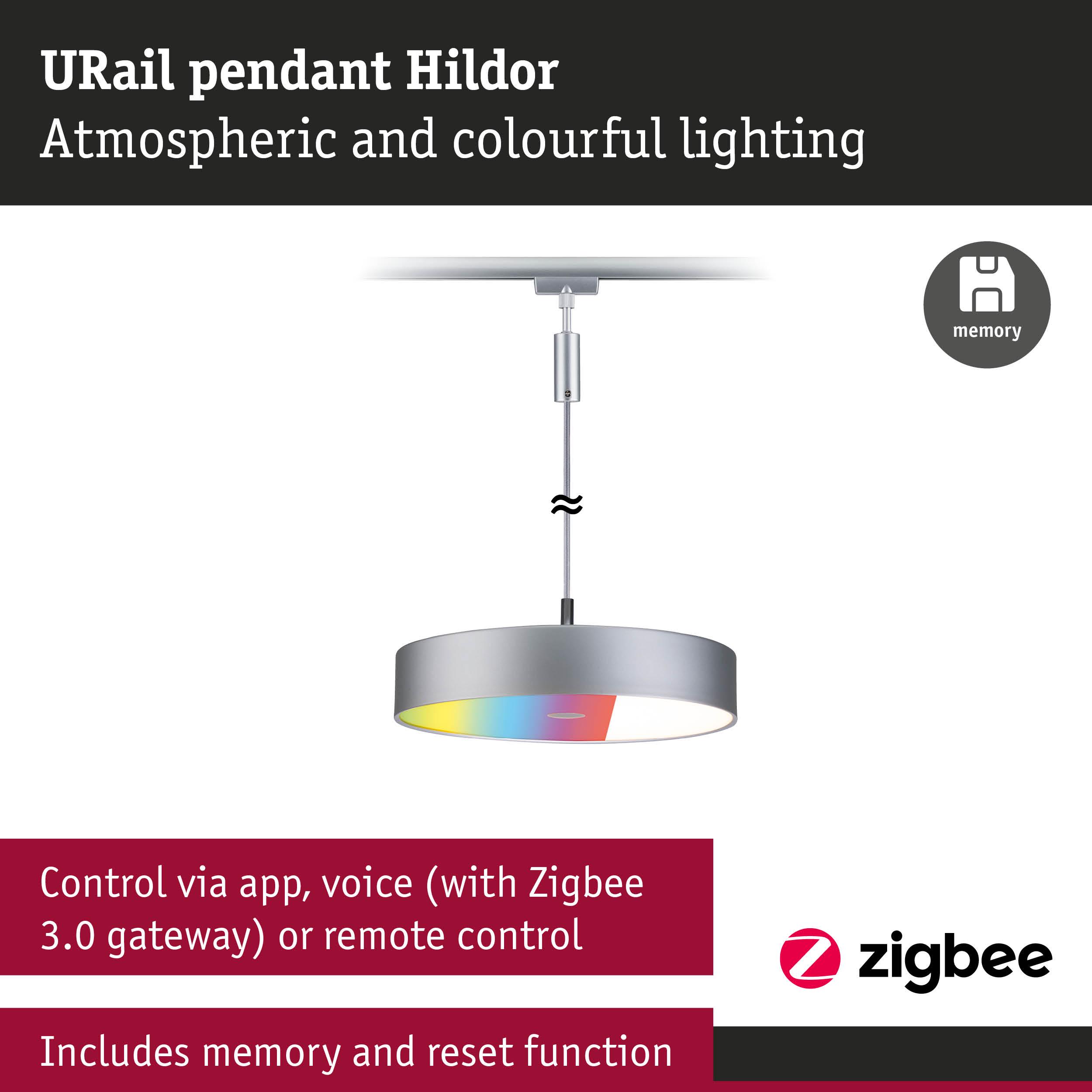 URail Hildor silver pendant light with colour-changing LED and Zigbee control via app or voice command