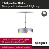 URail Hildor silver pendant light with colour-changing LED and Zigbee control via app or voice command