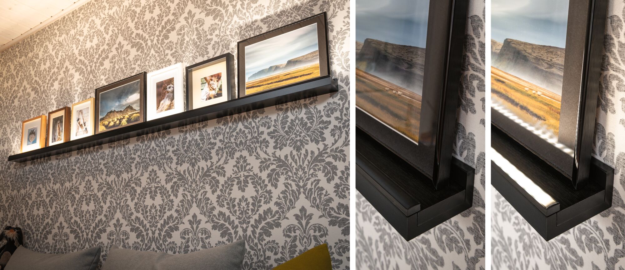 Étagère murale noire en bois avec éclairage LED présentant des cadres photo sur un papier peint à motifs.