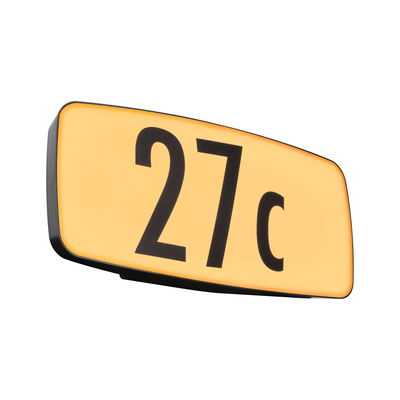 Illuminated house number sign 27c with black frame and yellow background for outdoor use