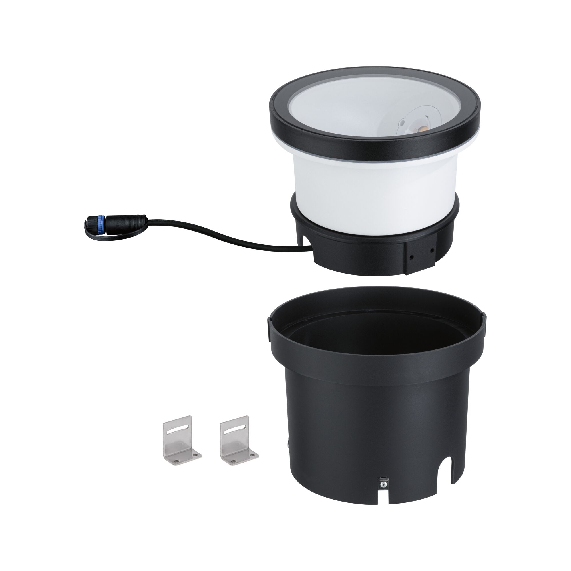 White LED recessed spotlight with black housing and cable, including mounting brackets for installation