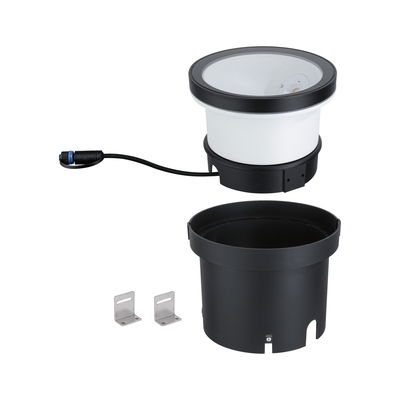 White LED recessed spotlight with black housing and cable, including mounting brackets for installation