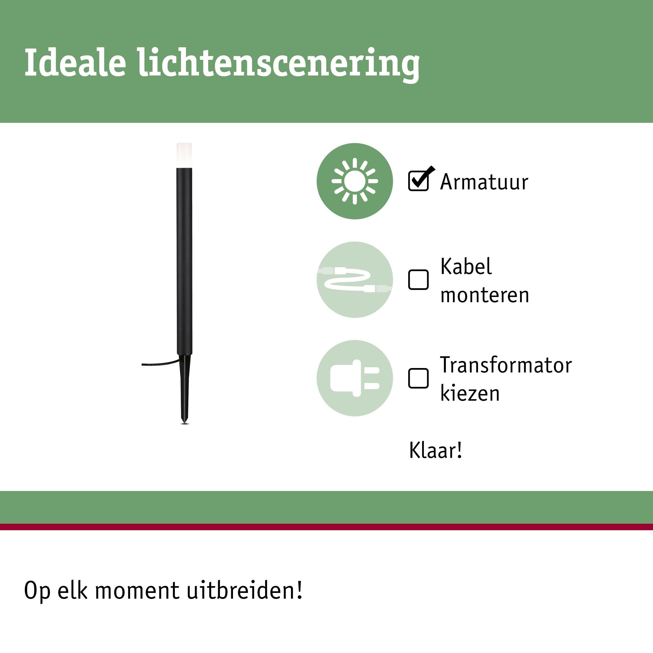 Zwarte LED-buitenlamp met grondpen, eenvoudig te installeren zonder kabelmontage of transformator