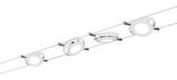 Modern LED cable system with four white round lights and chrome accents for flexible room lighting