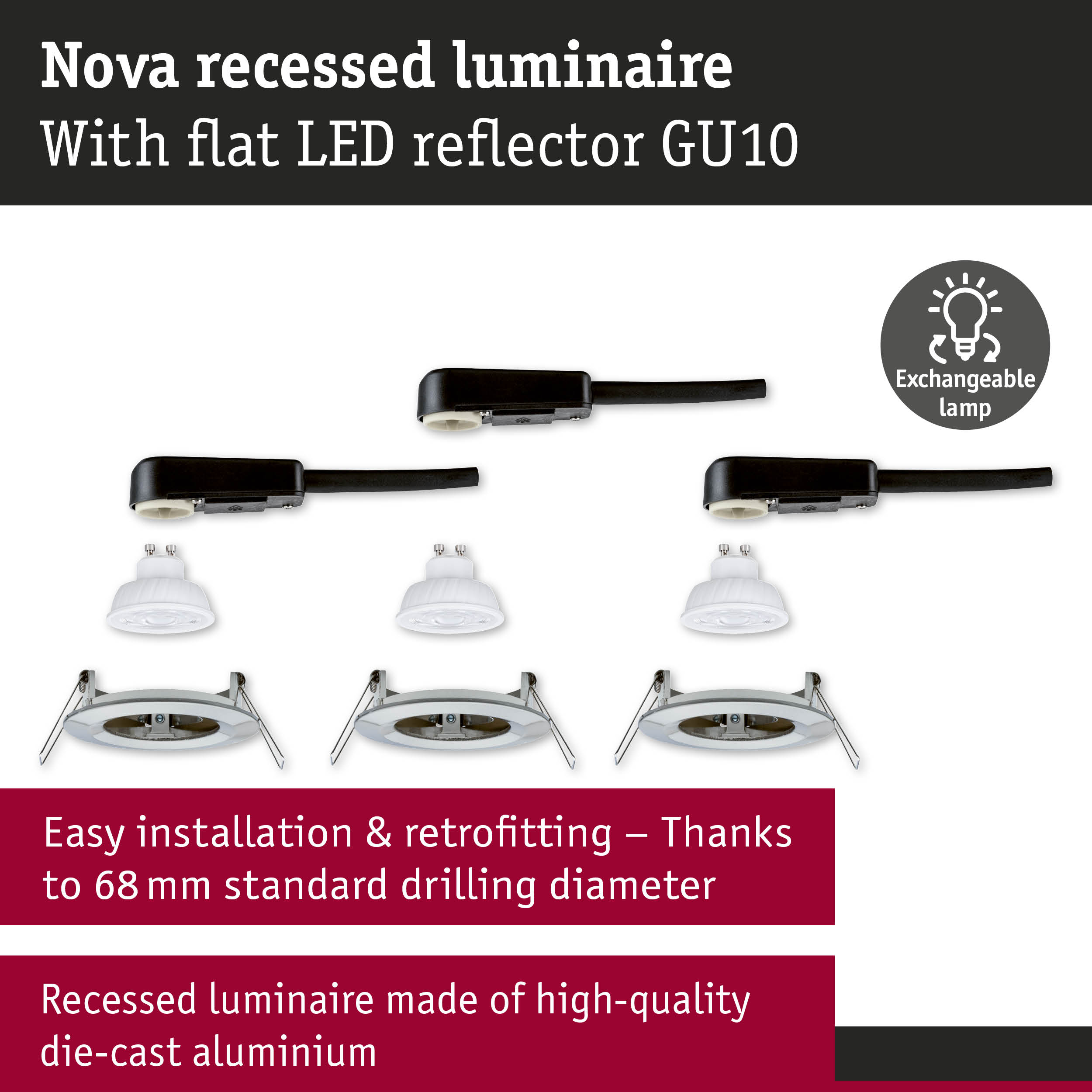 Nova recessed luminaire made of die-cast aluminium with flat LED reflector GU10 and exchangeable lamp