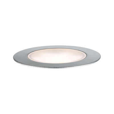 Round LED recessed panel in brushed silver aluminum with warm white light for living spaces