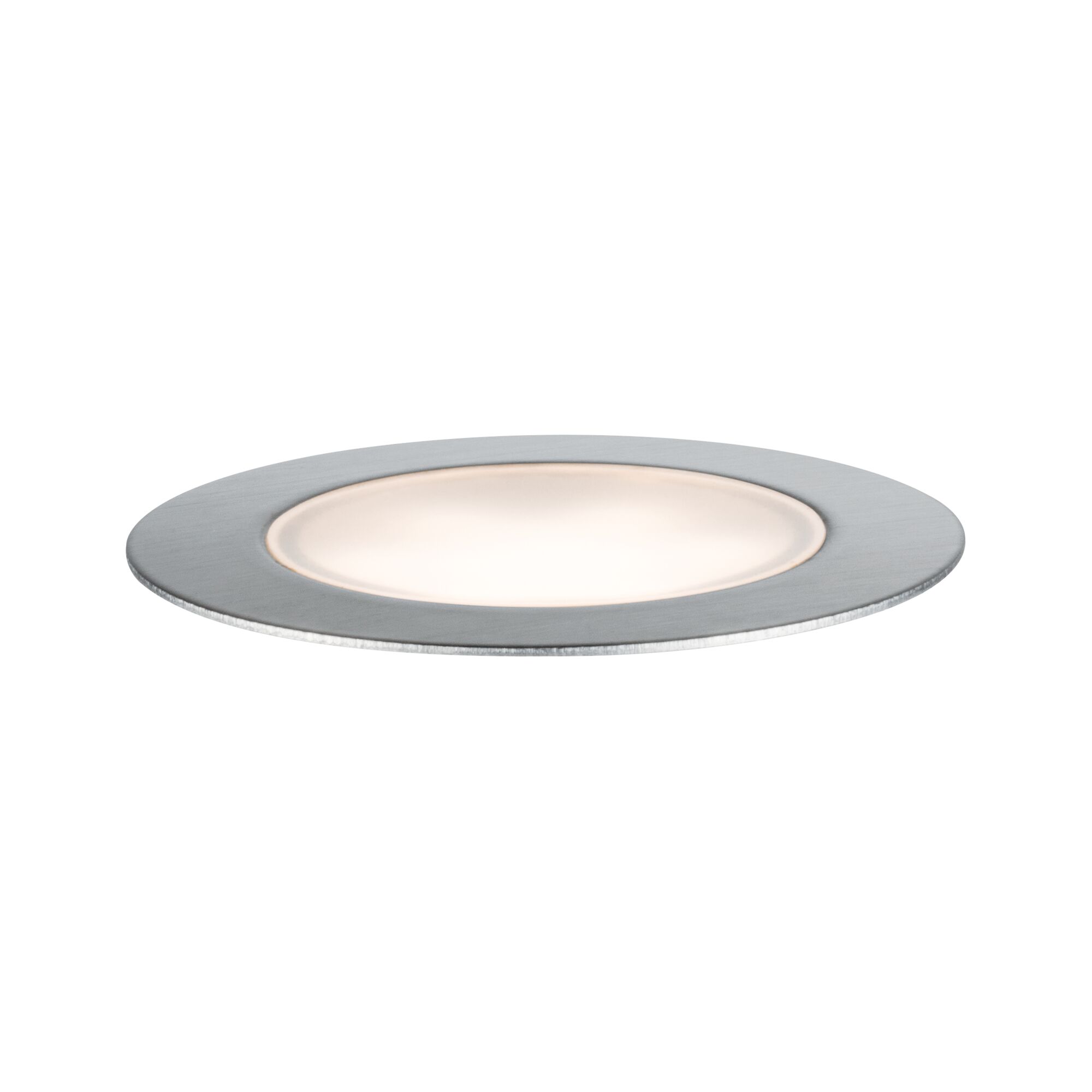 Round LED recessed panel in brushed silver aluminum with warm white light for living spaces