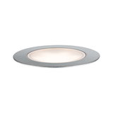 Round LED recessed panel in brushed silver aluminum with warm white light for living spaces