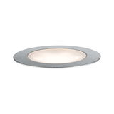 Round LED recessed panel in brushed silver aluminum with warm white light for living spaces