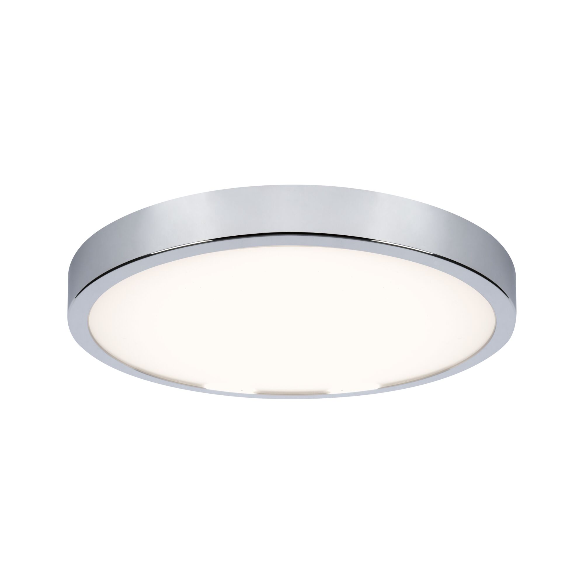 Round ceiling light with chrome metal frame and white diffuser for modern interior lighting
