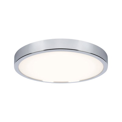 Round ceiling light with chrome metal frame and white diffuser for modern interior lighting