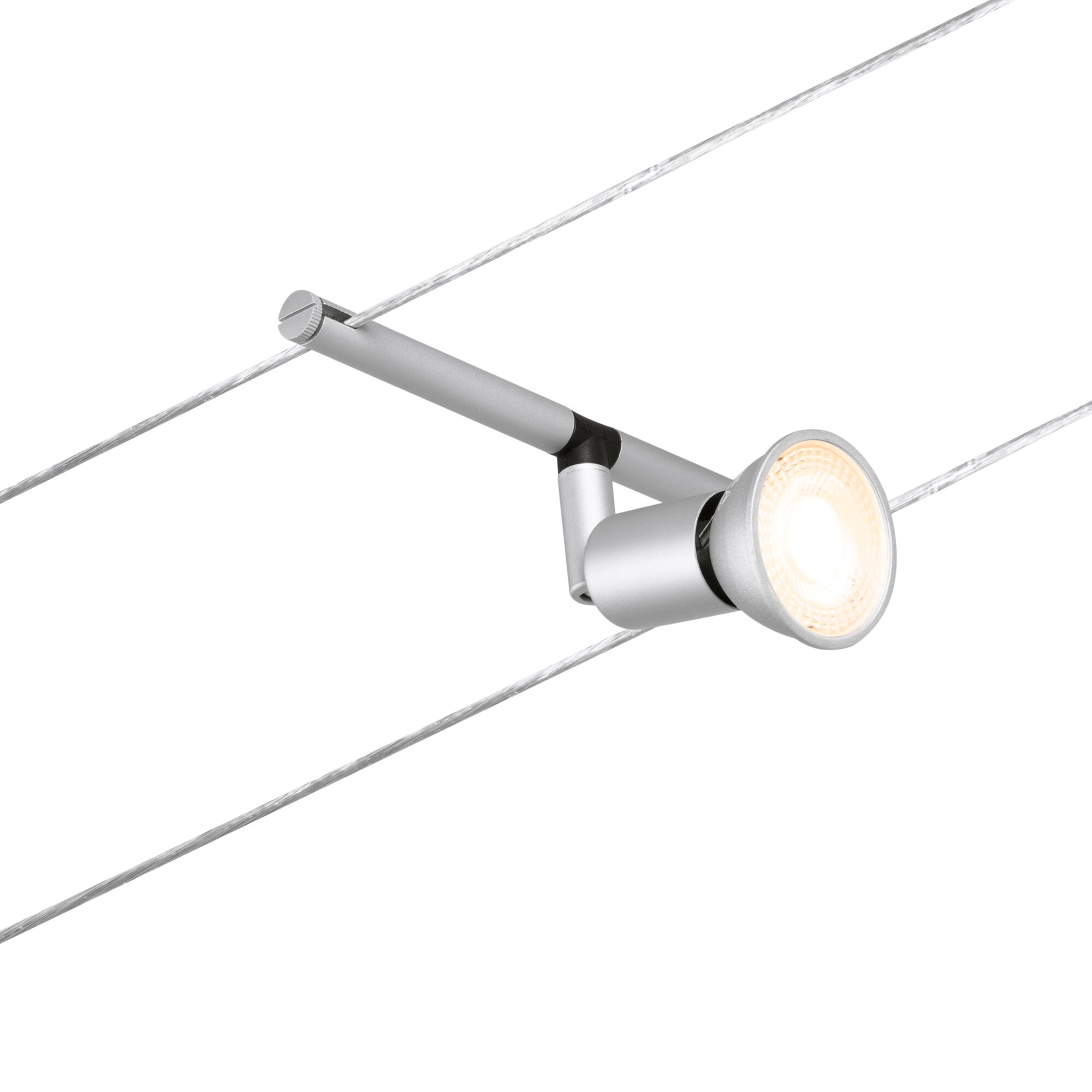 Silver metal LED cable spotlight with warm white light for modern lighting systems