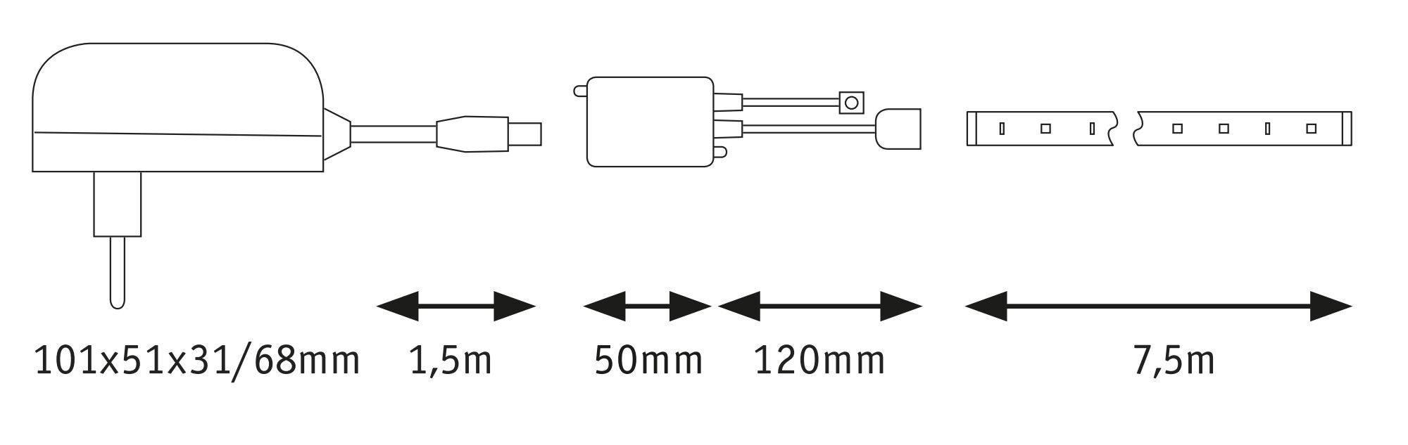 Technische tekening van een adapter met kabel- en LED-striplengtes in millimeters en meters