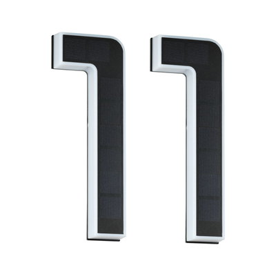Two white solar lights with black solar panels, modern design for outdoor lighting
