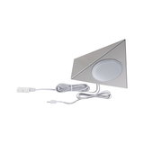 Triangular LED under-cabinet light in brushed stainless steel with white cable for furniture lighting