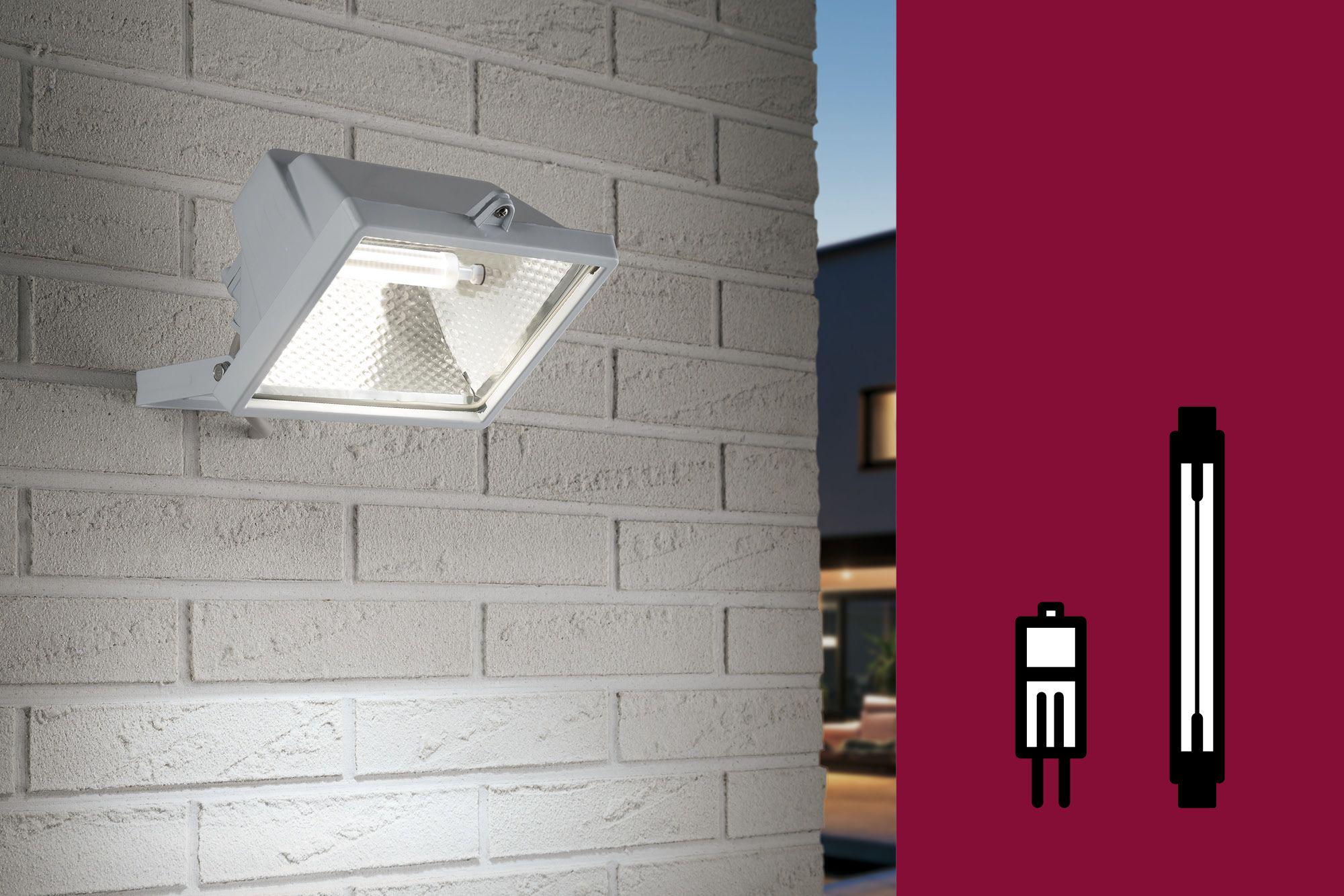 Lampe spéciale blanche en métal fixée au mur avec deux icônes de lampes fluorescentes sur fond rouge