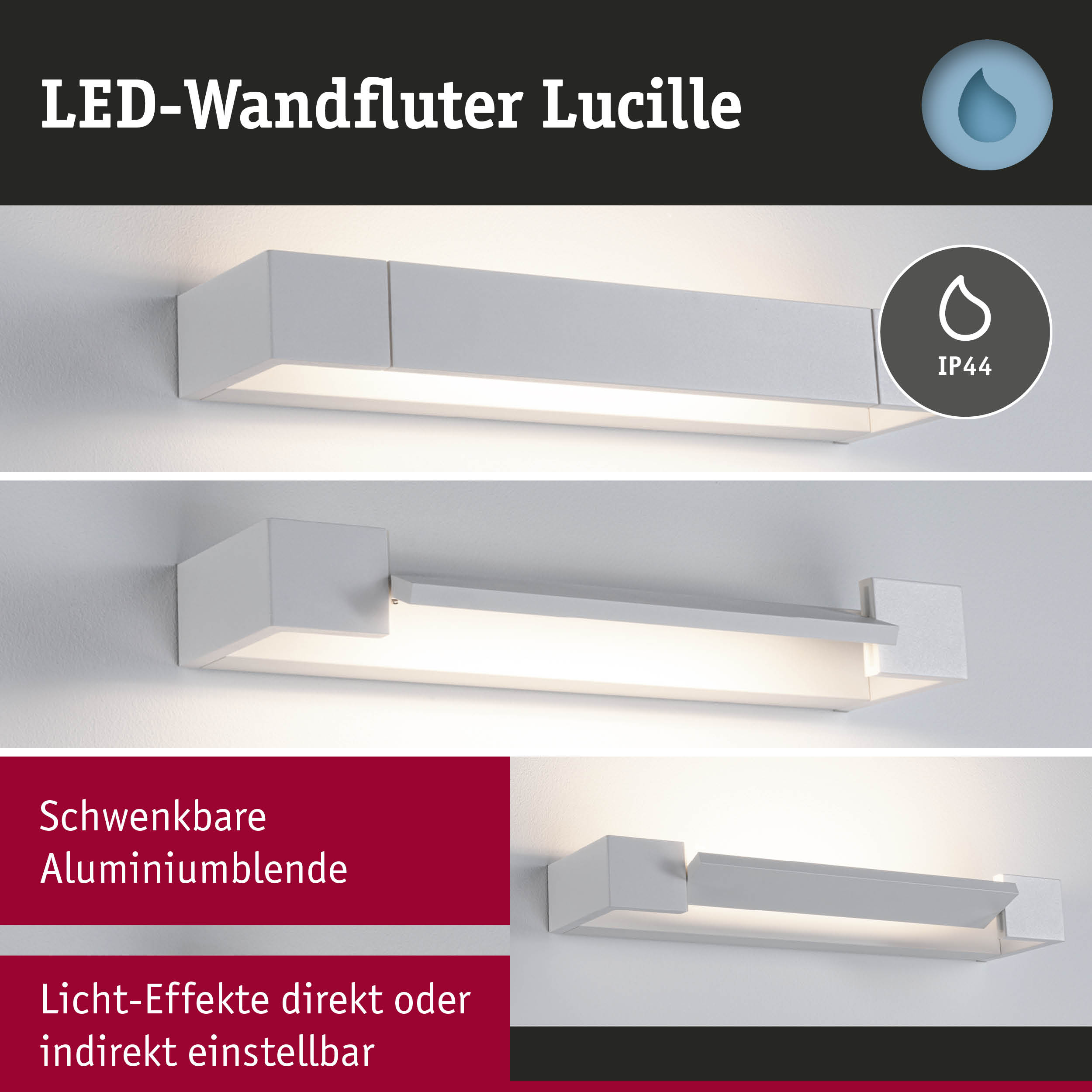 LED-Wandfluter Lucille aus weißem Aluminium mit IP44 Schutz für flexible Lichtgestaltung