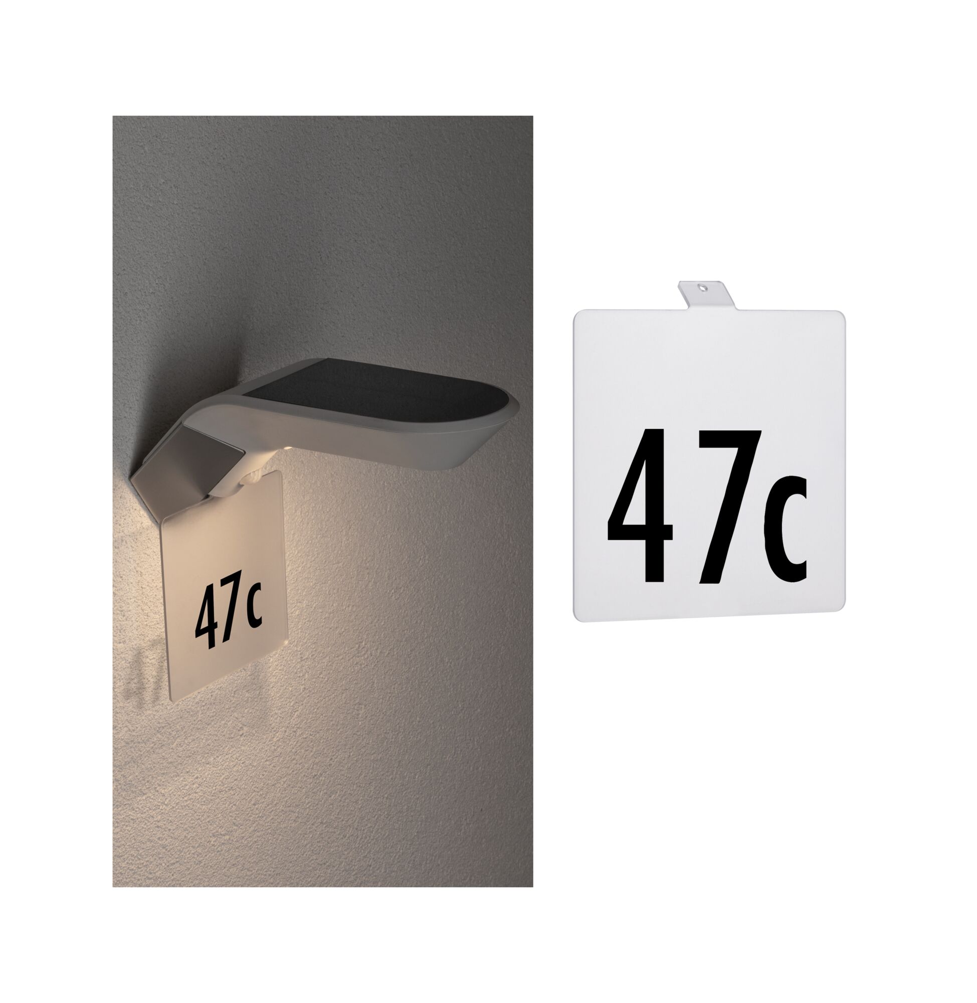Weiße LED-Wandleuchte mit Hausnummernschild 47c aus Kunststoff für Außenbeleuchtung