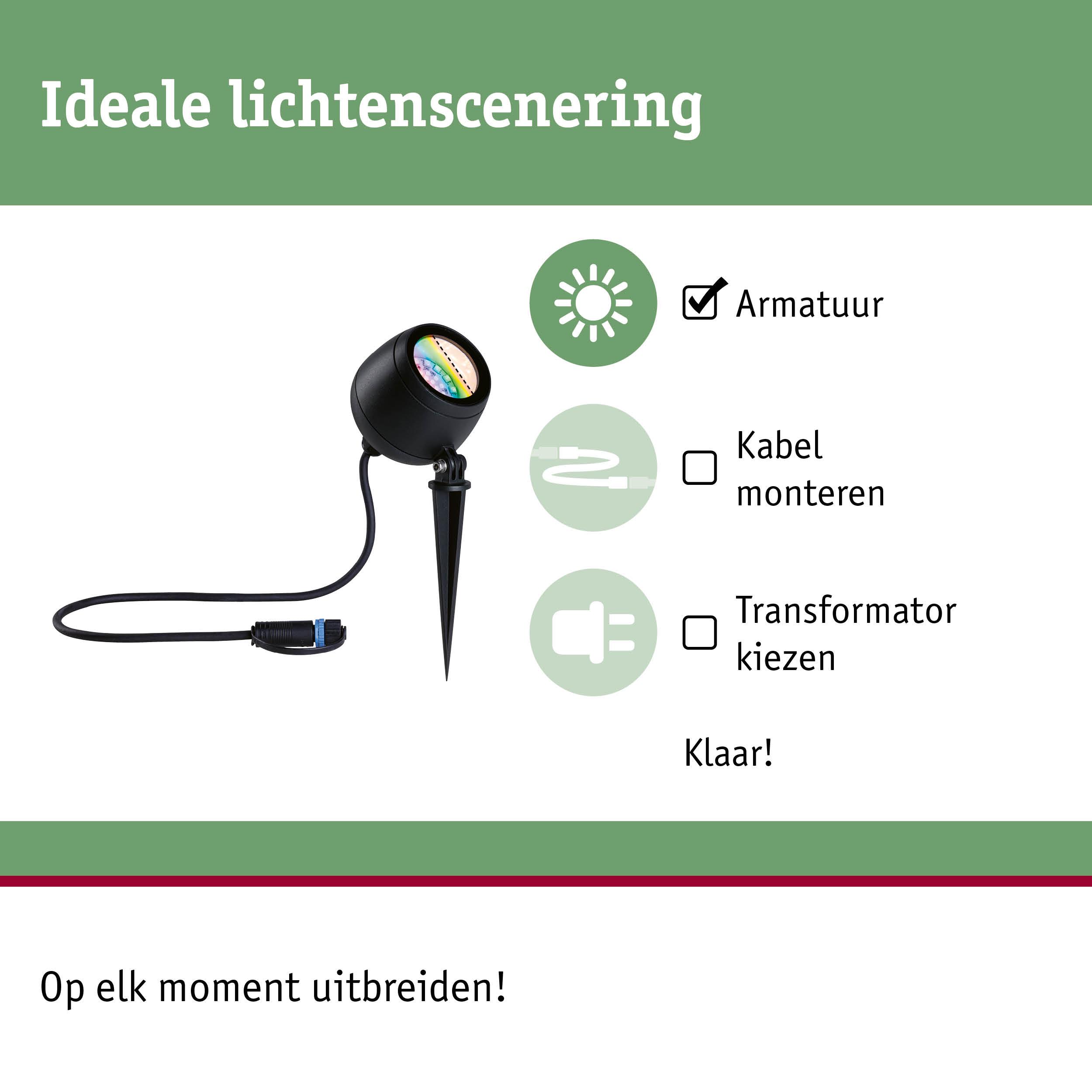 Zwarte LED-tuinschijnwerper met grondpen en kabel voor eenvoudige installatie en uitbreidbaar systeem