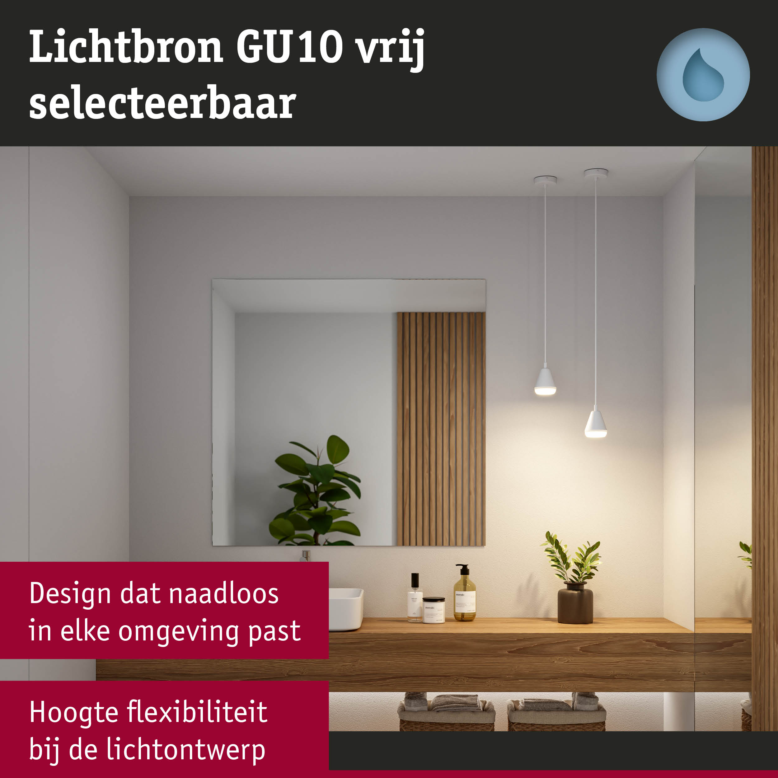 Moderne badkamer met houten wastafelmeubel en witte hanglampen geschikt voor GU10 lampen