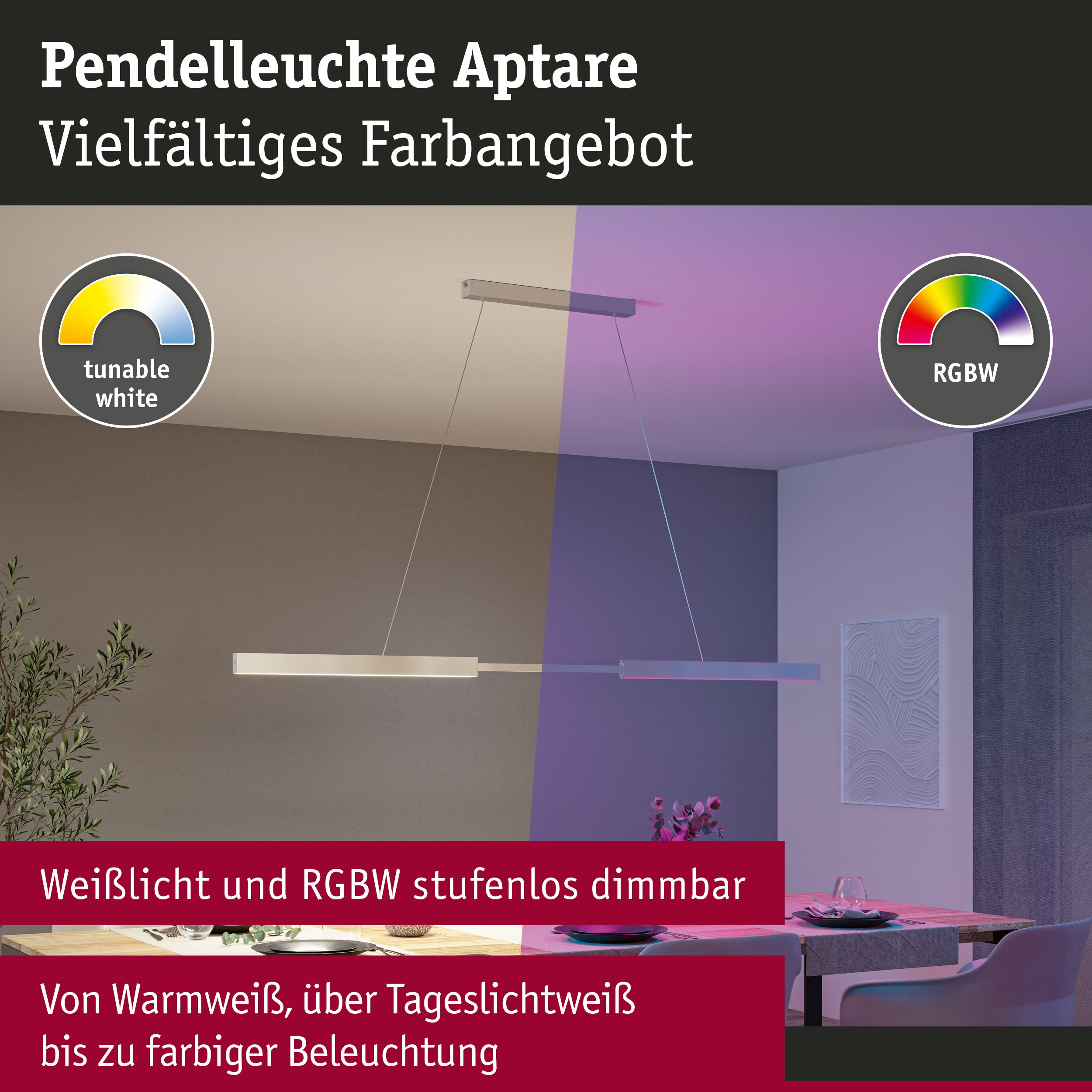 Pendelleuchte Aptare in Weiß mit stufenlos dimmbarer Weißlicht- und RGBW-Farbsteuerung für Wohnräume
