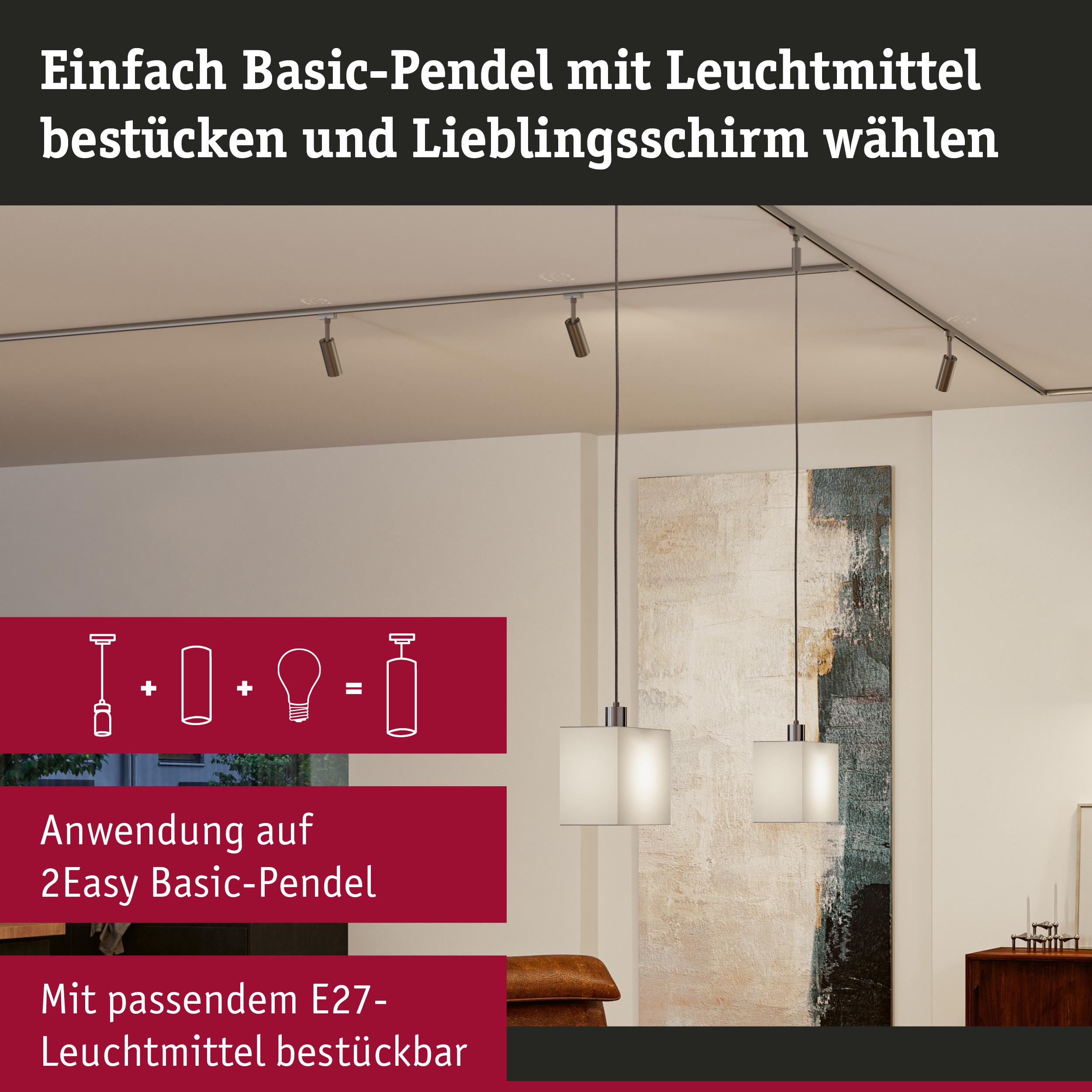 Zwei weiße Basic-Pendel aus Glas mit E27-Leuchtmittel in modernem Wohnzimmer mit Kunstbild