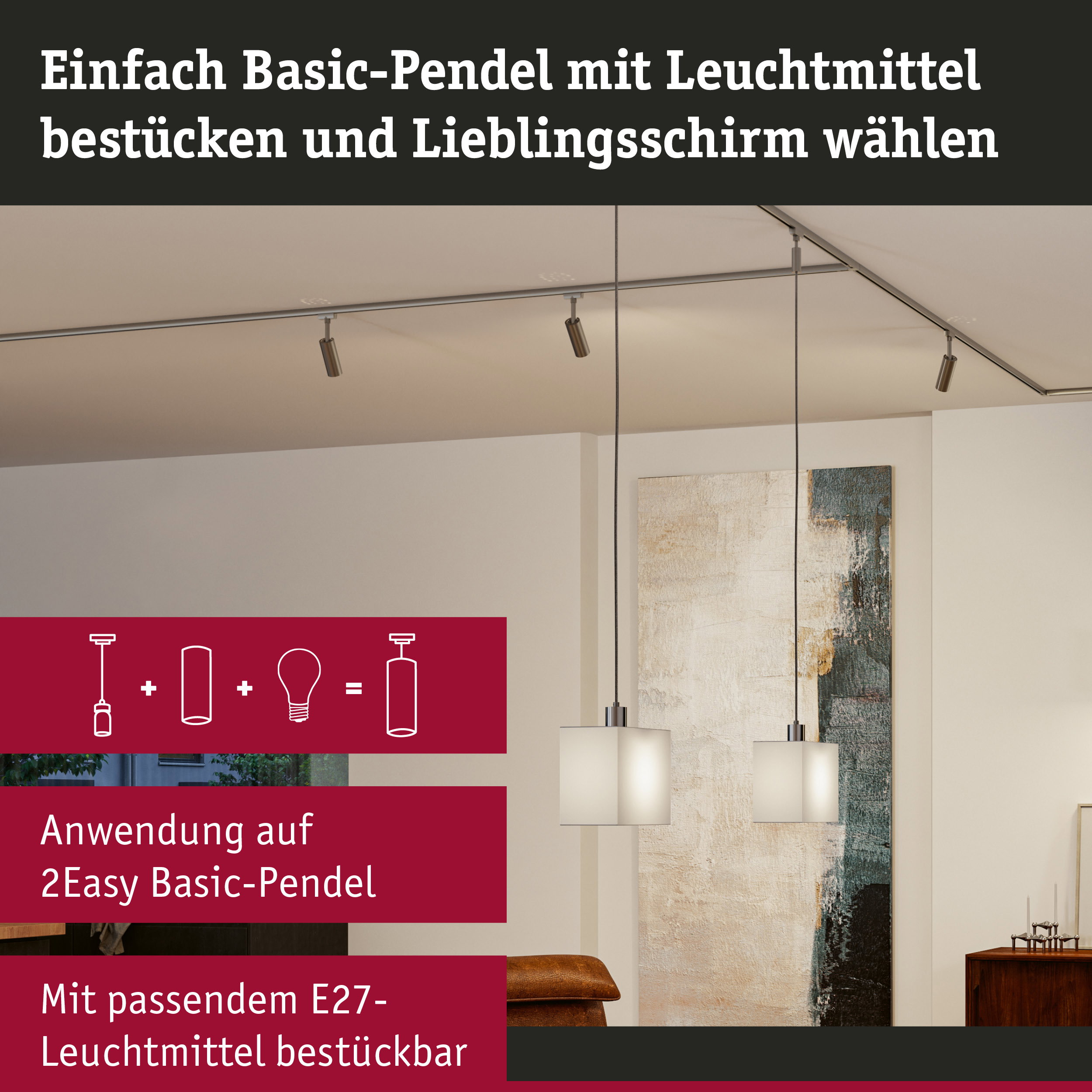 Moderne Pendelleuchte mit weißem Glas und Metallaufhängung in Wohnraum mit Kunstbild