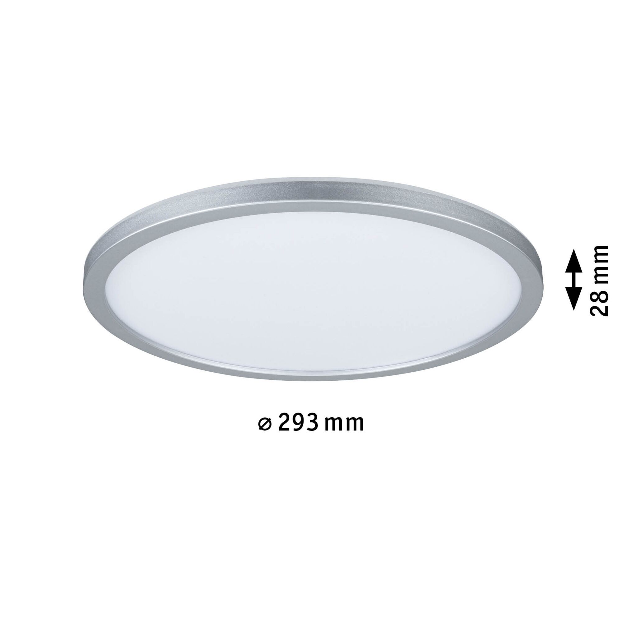 Round LED ceiling panel with silver aluminum frame and white diffuser, 293 mm diameter