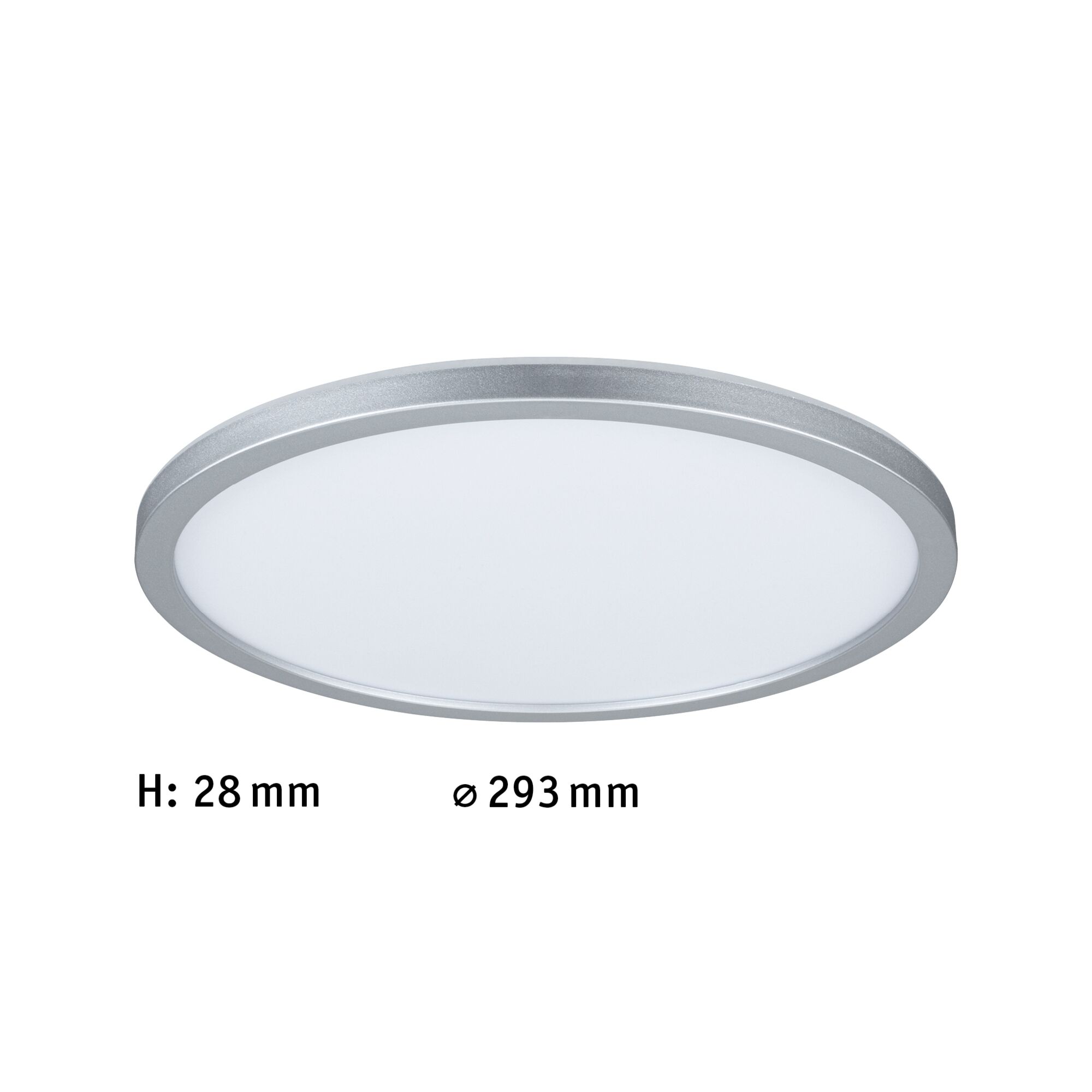 Rundes LED-Deckenlicht mit silbernem Aluminiumrahmen und weißem Diffusor, 28 mm hoch, 293 mm Durchmesser