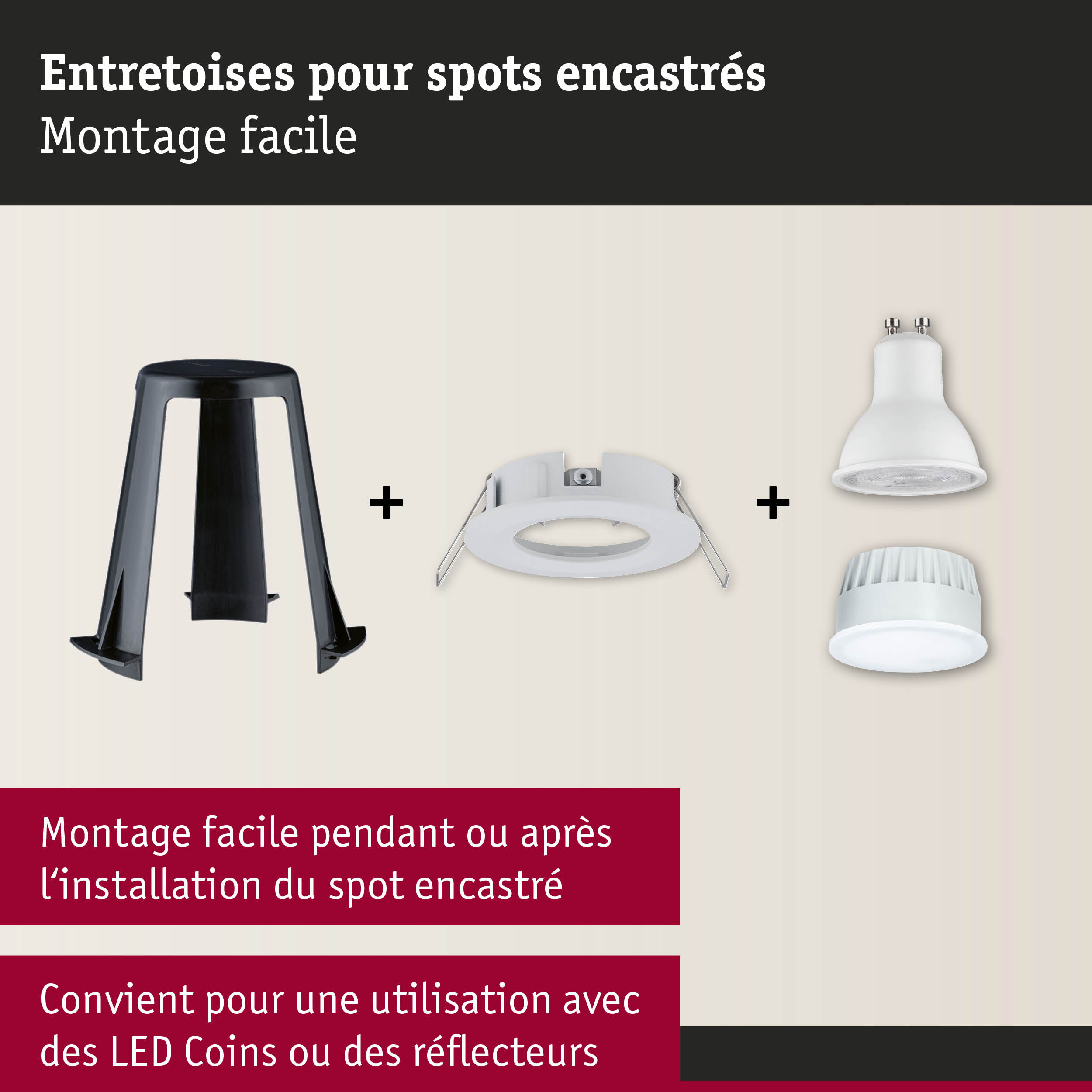Accessoires en plastique noir et blanc pour spots encastrés LED avec montage facile