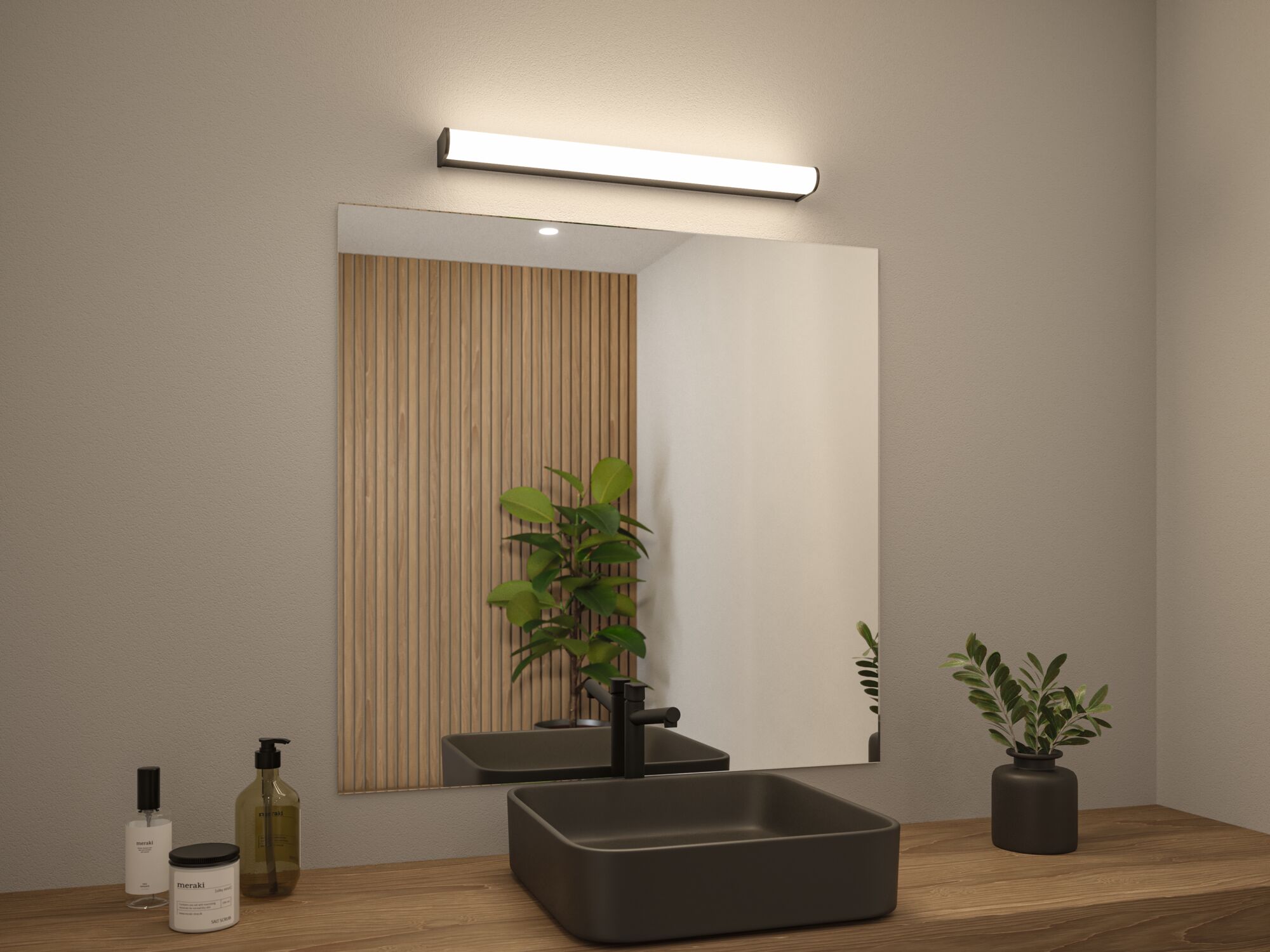Modern bathroom with black ceramic sink, wooden countertop and LED mirror light for bright illumination