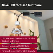 Nova LED recessed luminaire in silver aluminium with replaceable LED coin and direct 230V connection
