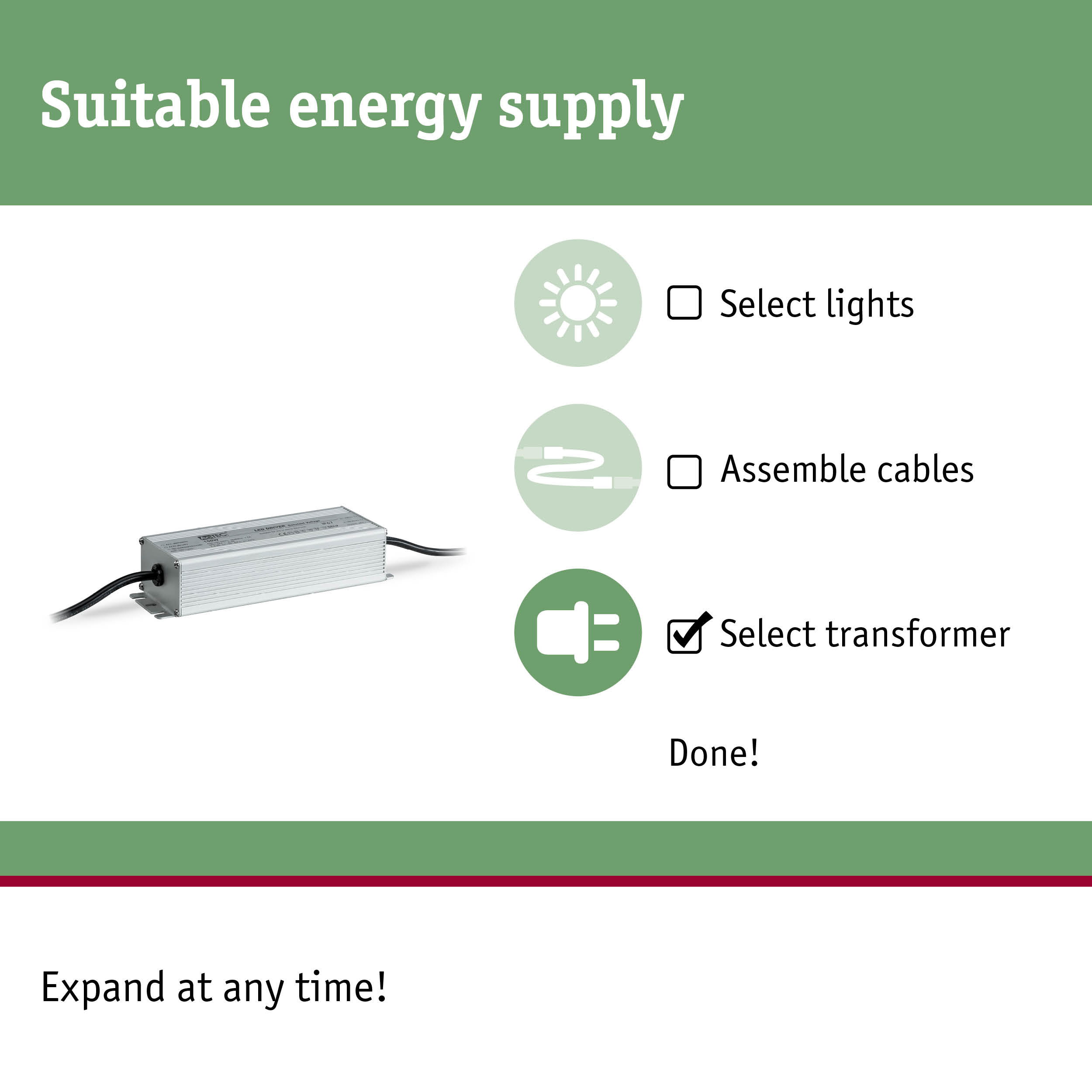Aluminium transformer with cables and instructions for selecting and assembling suitable lighting