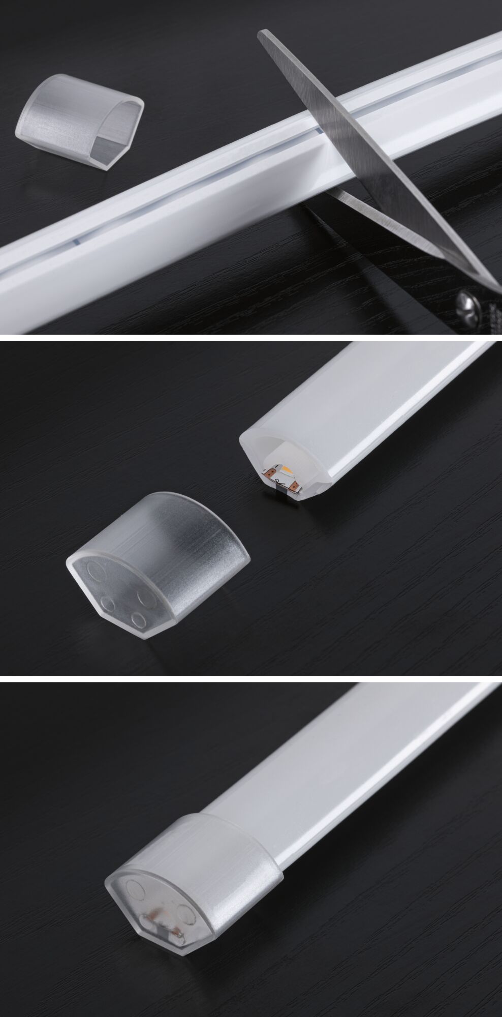 White plastic LED light strip with removable end caps and scissors for cutting to size