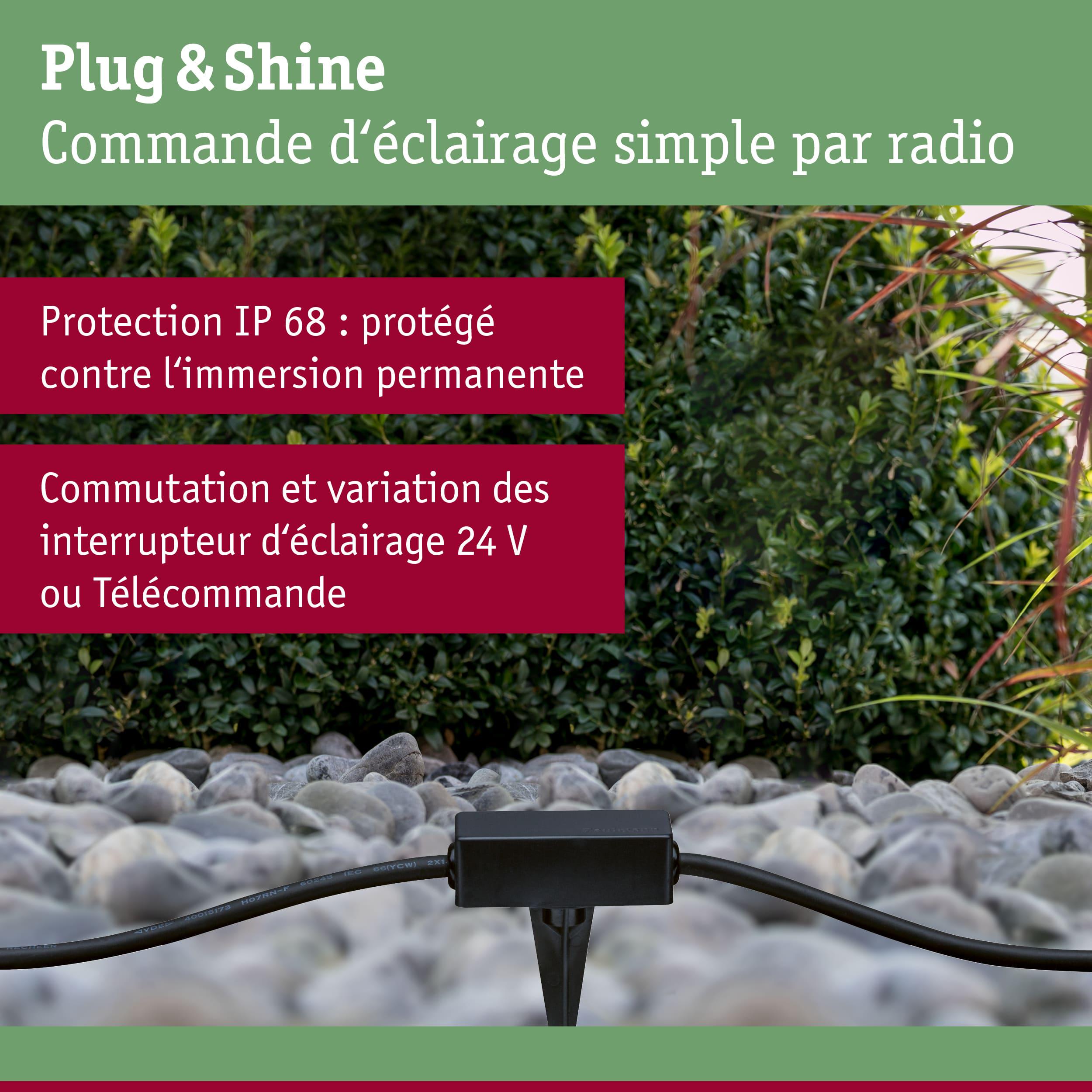 Commande d’éclairage radio Plug & Shine noire en extérieur avec protection IP68 pour éclairage 24V