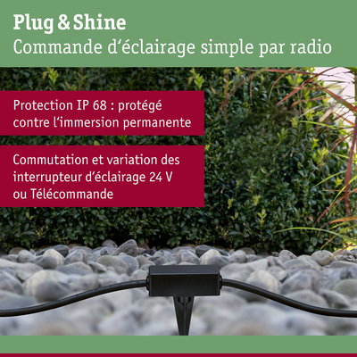 Commande d’éclairage radio Plug & Shine noire en extérieur avec protection IP68 pour éclairage 24V