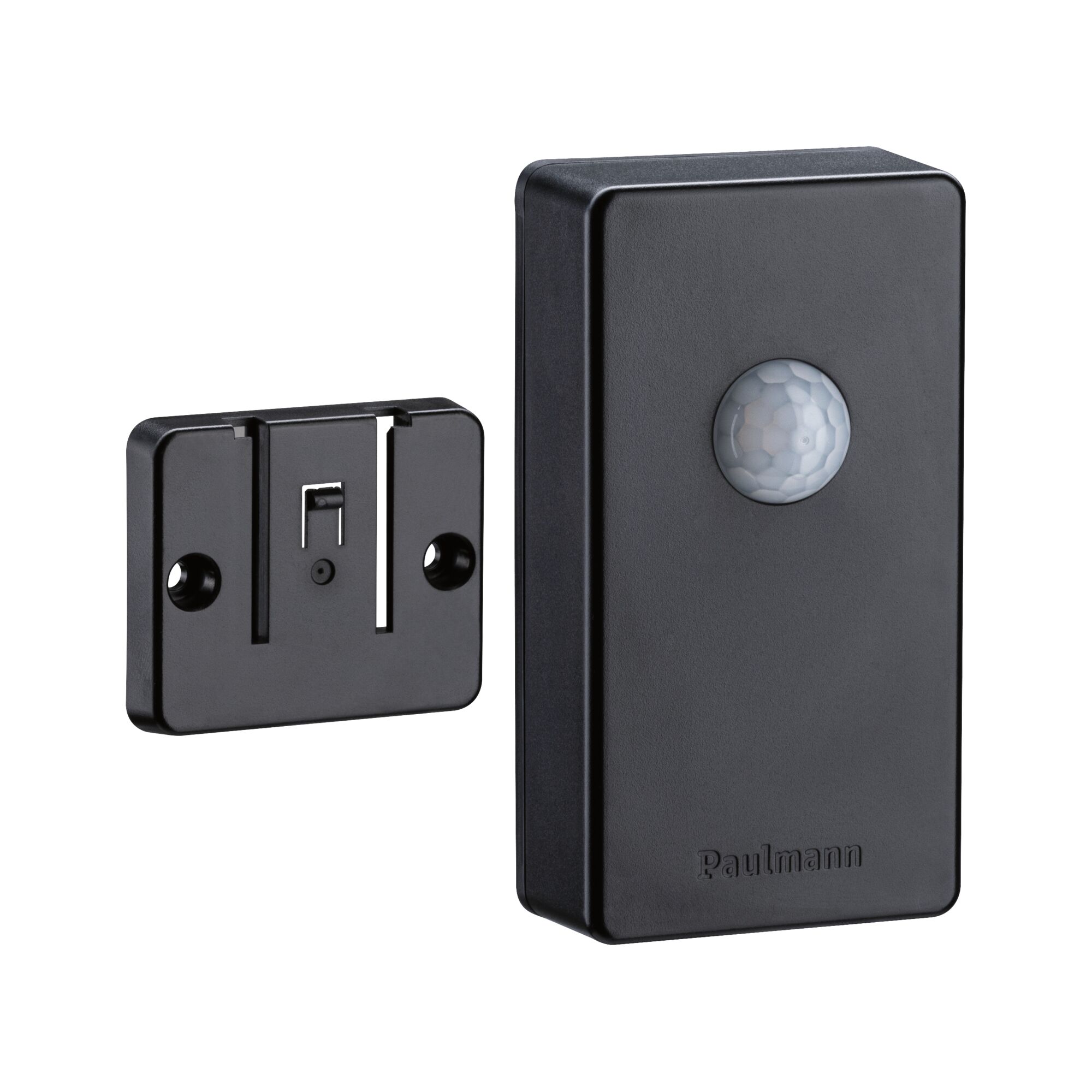 Black plastic motion sensor with mounting bracket for smart lighting control