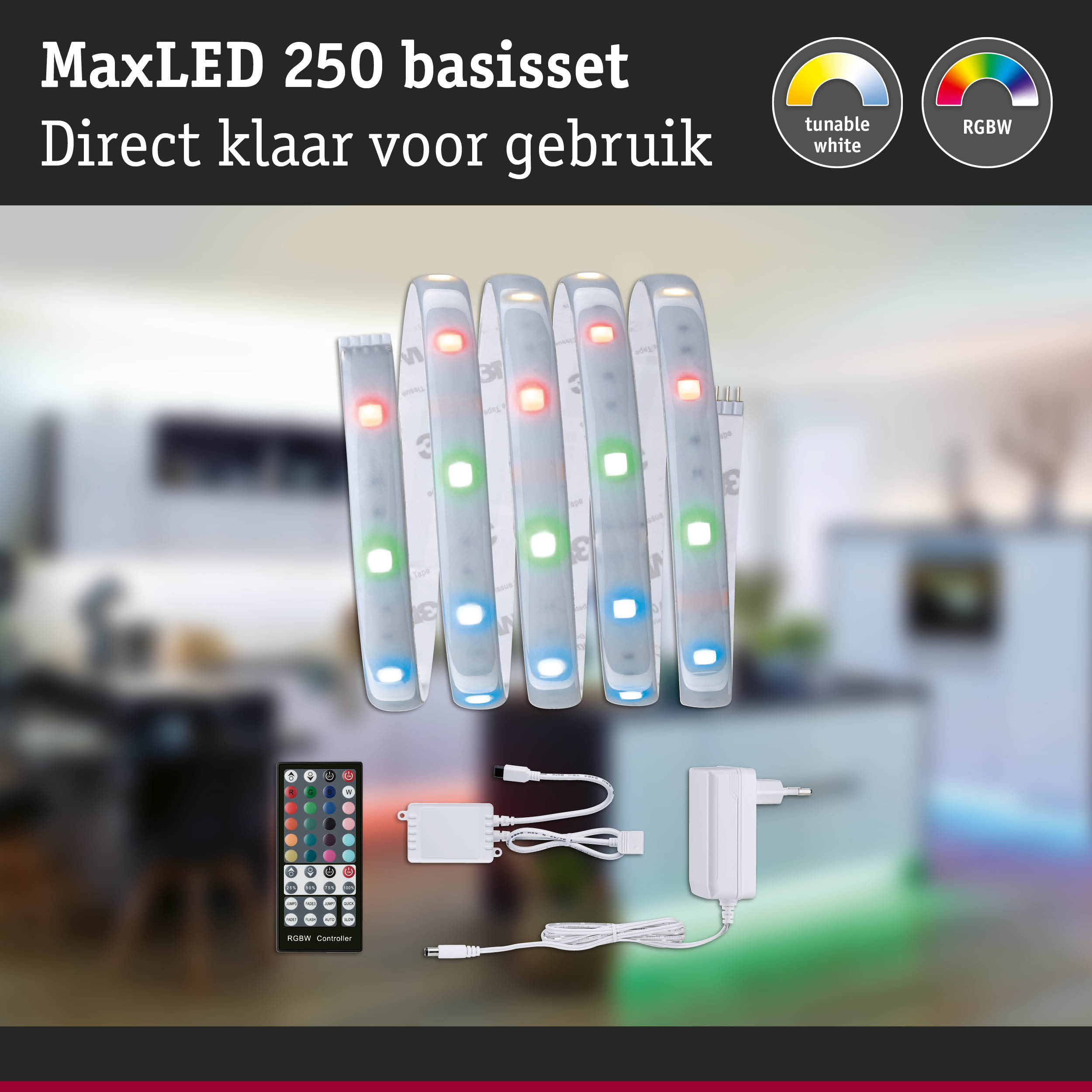 MaxLED 250 RGBW LED-strip met instelbaar wit licht, afstandsbediening en adapter inbegrepen