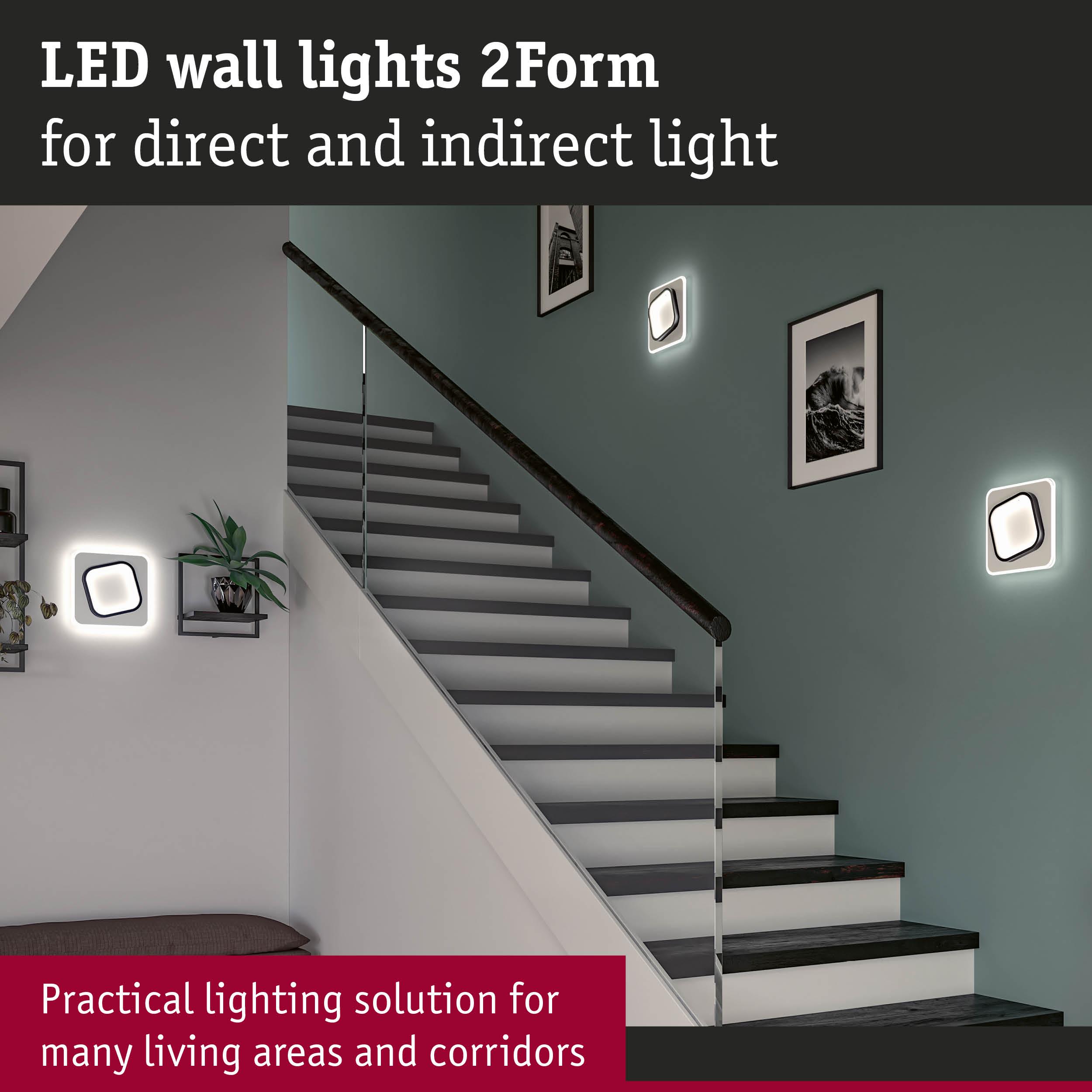Modern LED wall lights 2Form with direct and indirect light in stairwell with grey steps