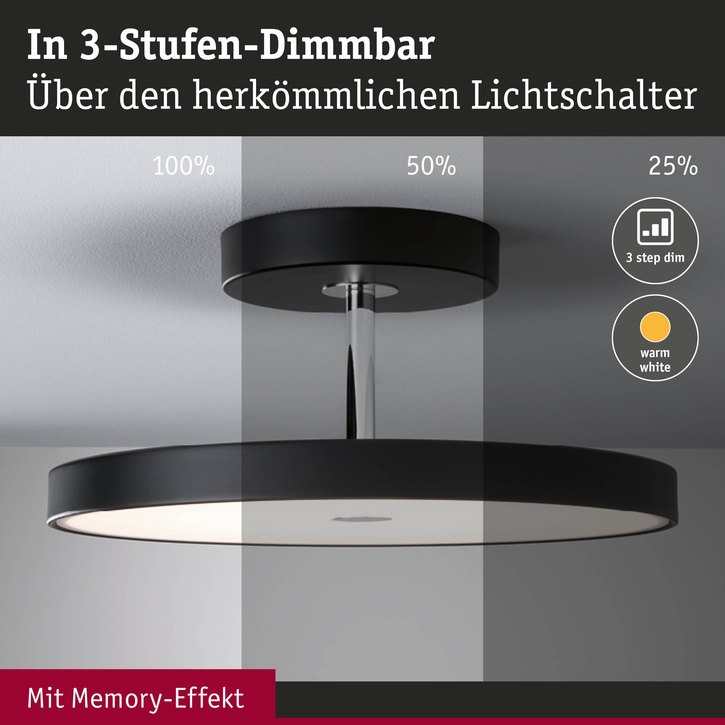 Schwarze Deckenleuchte mit 3-Stufen-Dimmfunktion und Memory-Effekt für warmweißes Licht