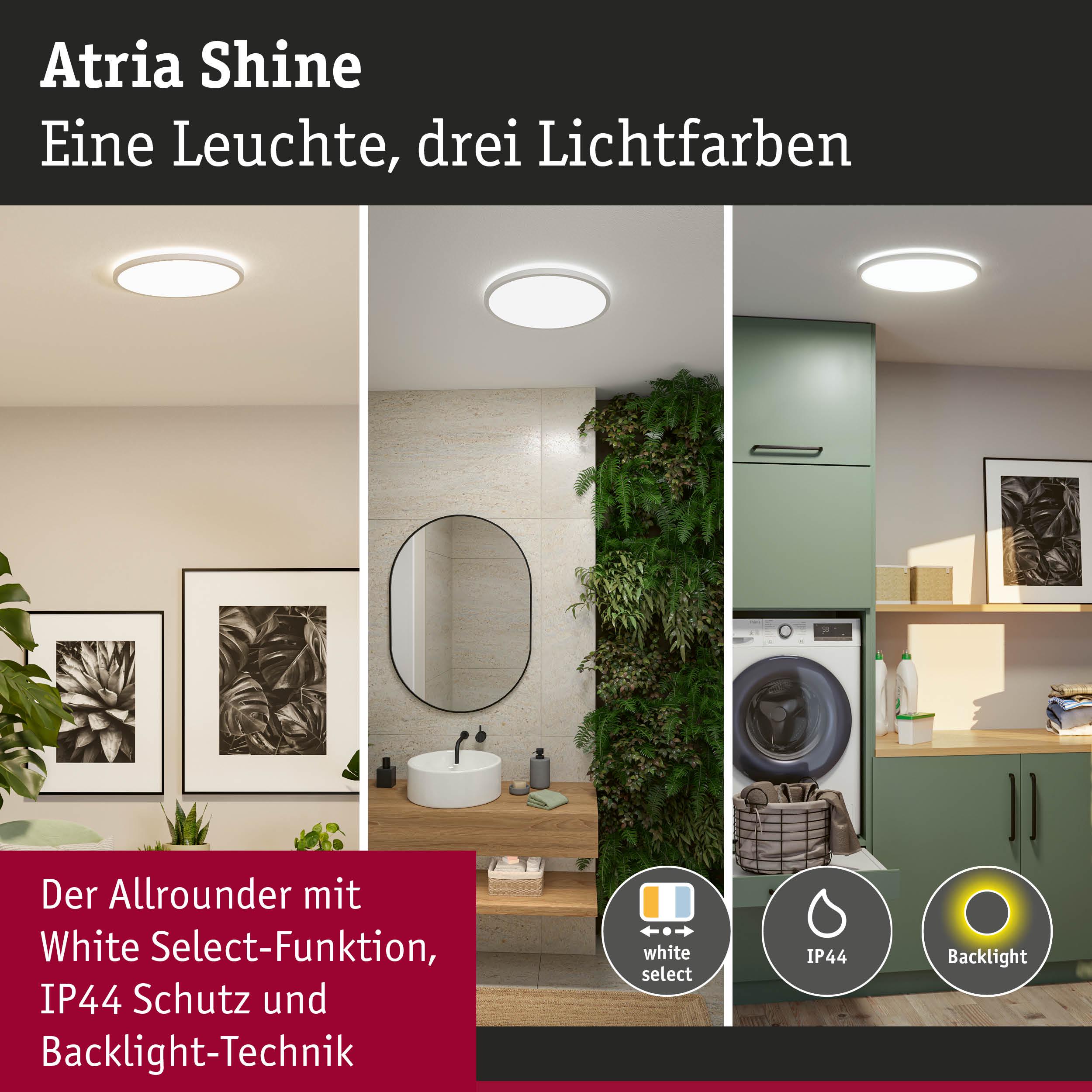 Atria Shine Deckenleuchte mit drei Lichtfarben, IP44 Schutz und Backlight-Technik in modernen Wohnräumen