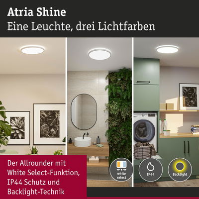 Atria Shine Deckenleuchte mit drei Lichtfarben, IP44 Schutz und Backlight-Technik in modernen Wohnräumen