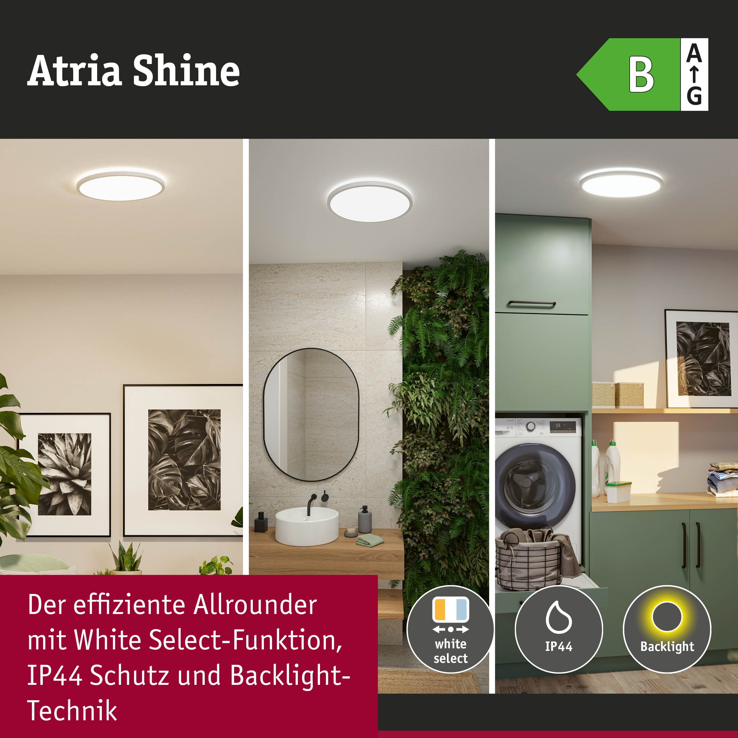 Runde Atria Shine LED-Deckenleuchte mit weißem Gehäuse, IP44 Schutz und Backlight-Technik für Wohnräume