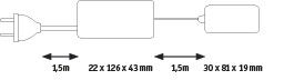 Technische Zeichnung eines elektrischen Netzteils mit Maßen 22x126x43 mm und 1,5 m Kabeln.