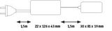 Technische tekening van een elektrische voeding van 22x126x43 mm met 1,5 m kabels.