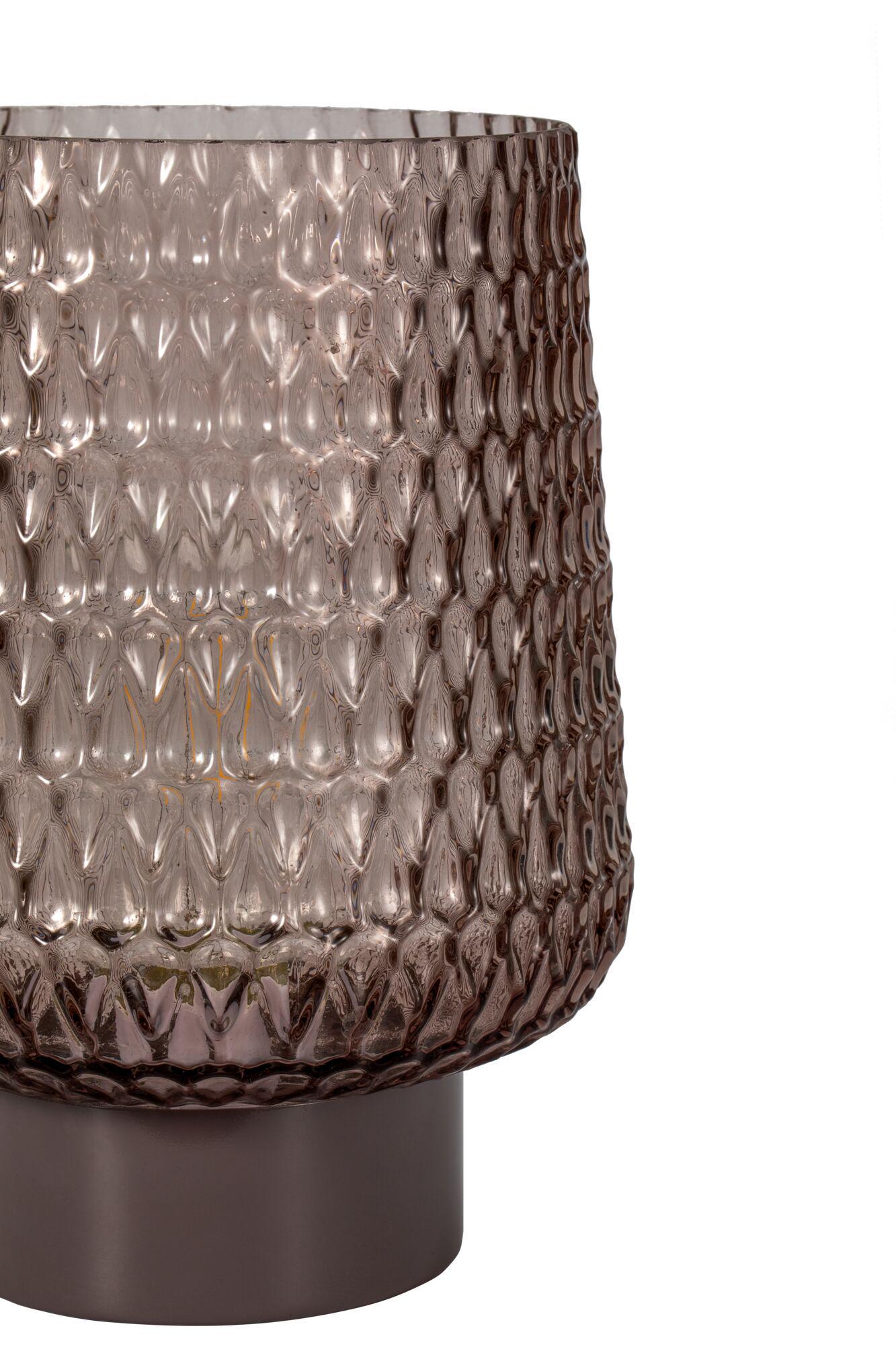 Lampe de table en verre brun avec surface texturée et base ronde en métal pour éclairage intérieur