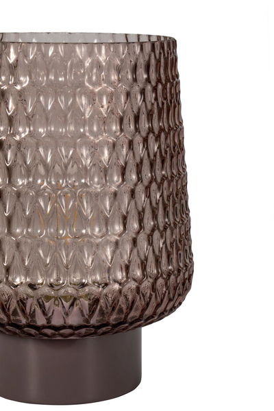 Braune Glas-Tischleuchte mit strukturierter Oberfläche und rundem Sockel aus Metall für Wohnräume