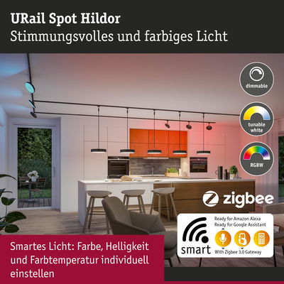 Moderne Küche mit URail Spot Hildor LED-Schienenbeleuchtung in Schwarz mit farblich einstellbarem Licht