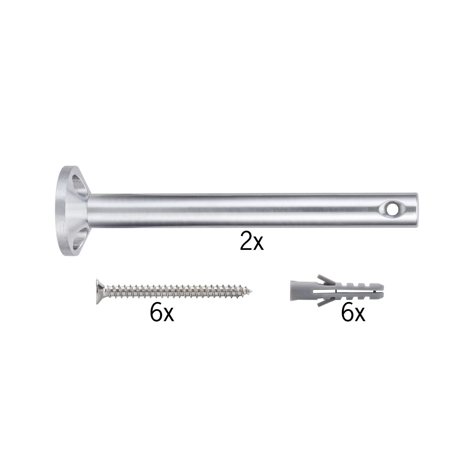 Twee zilverkleurige aluminium wandsteunen met zes schroeven en zes grijze pluggen voor stevige bevestiging.